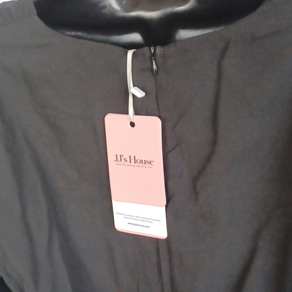 JJ’s House Formal V-nech A-line Chiffon Black Midi Dress with Puff Sleeves - Picture 7 of 9